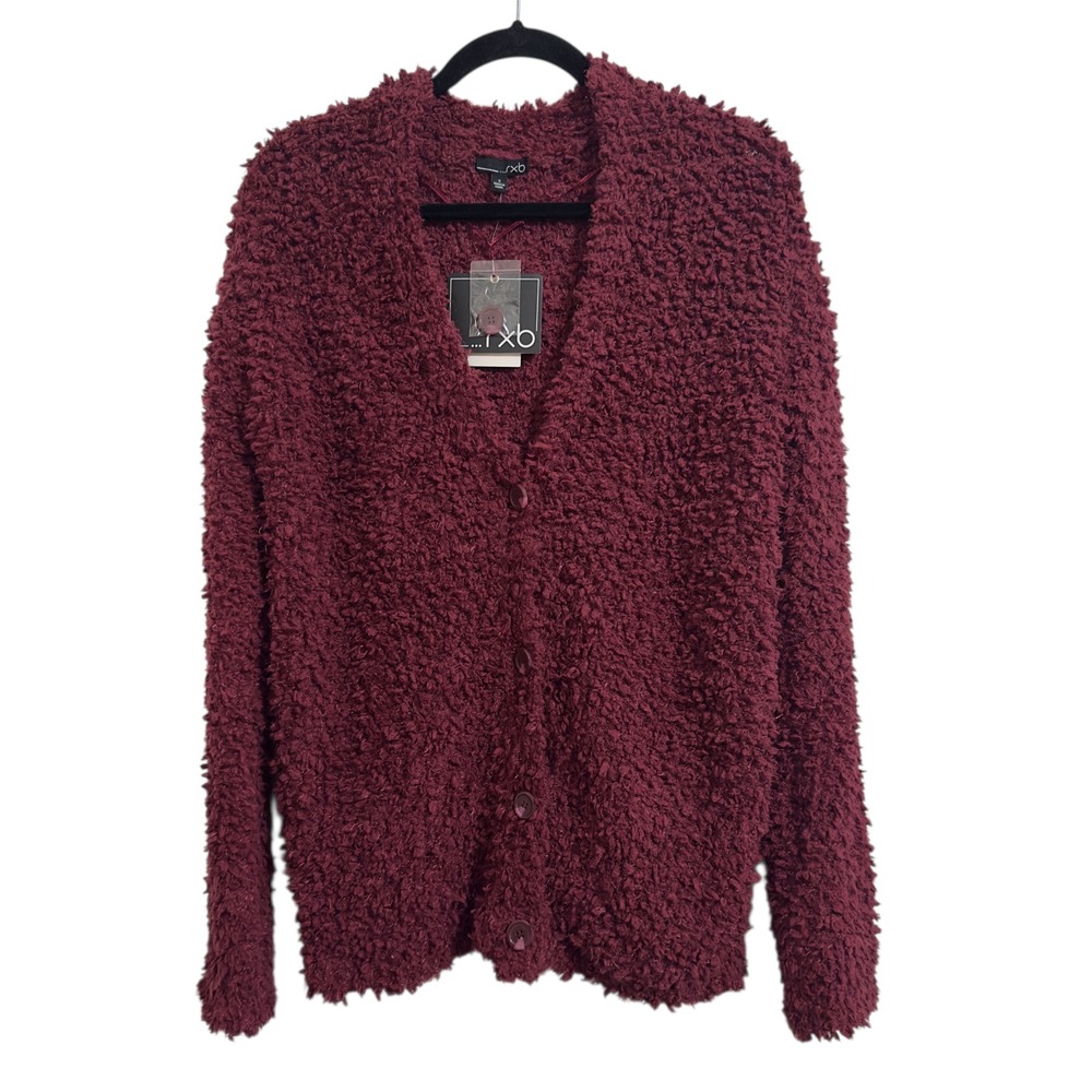 NEW rxb Women Zinfandel Burgundy Popcorn Knit Fuzzy Button Front Cardigan SMALL